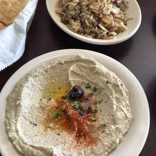Baba ghanoush(front) Mujaddara a rice, lentil dish