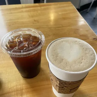 Iced americano and hot eggnog latte (delicious)