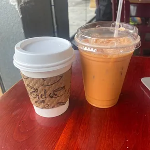 Small hot cider (left), medium thai iced tea (right)