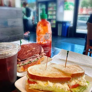 Roast Beef sandwich; Egg Salad sandwich; Iced Americano.