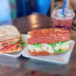 BLT+A on Sourdough; Pesto Chicken on Dutch Crunch; Iced tea