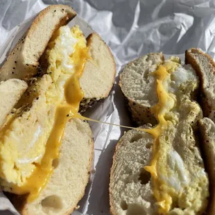 Egg &amp; Cheese on Everything Bagel. Cheese pulled.