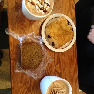 Turtle Latte, Chocolate Croissant, Pumpkin Bread, and Mexican Mocha. Wonderful!