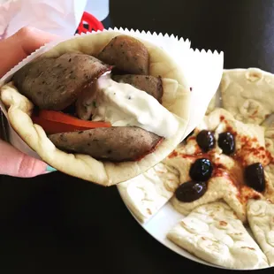 Beef &amp; lamb gyro.  Hummus plate (added olives)