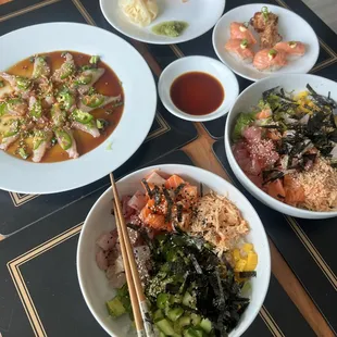 Made poke bowls with tuna, salmon, and kanpachi.