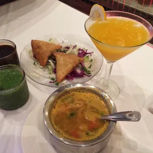 Mango Martini, Dal Shorba, and Samosas. Triple yum!