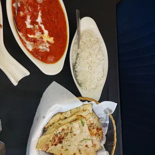 Chicken Tikka Masala, Rice and Garlic Naan. Very good!