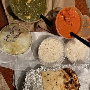Rice, Palak Paneer, Butter Chicken.