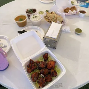 a table with a variety of food items