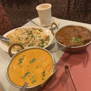 Rice, tofu masala, lamb curry
