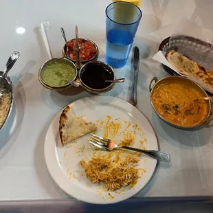 Lamb Tikki Masala, rice, Naan and Mango Lassi