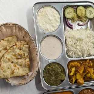 Thali with saag paneer and aloo gobi