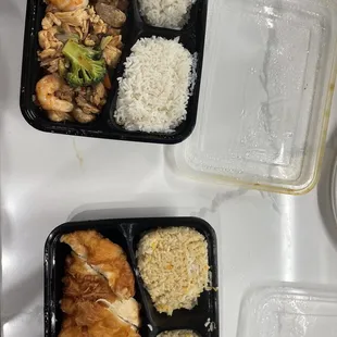 Triple delight with steamed rice; lemon chicken with fried rice