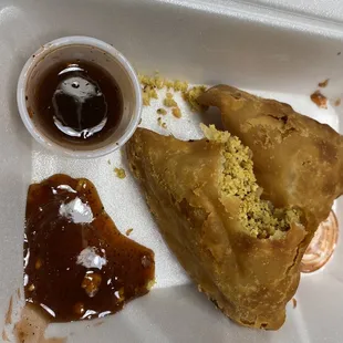 Chicken Samosas with flavorful dipping sauce (delicious)