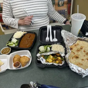 Vegetable Samosa, Lamb Curry Combo, Paneer Tikka Masala, Plain Naan Bread, Potato Naan Bread