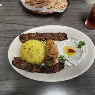 Beef Lula kabob and chicken with lebneh with Labenese iced tea!