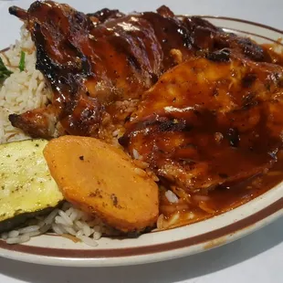 The deboned chicken with rice, BBQ. Large portion and so so good.