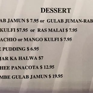 Dessert Menu.
