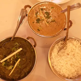 Dal Makhani (traditional black lentils tempered with delicate spices and garnished with cream) - Lamb Saag - Basmati rice