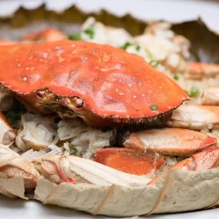 a crab on a bed of rice