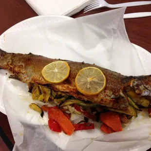 Whole rainbow trout stuffed w/vegetables, $20 perfectly cooked, delicious