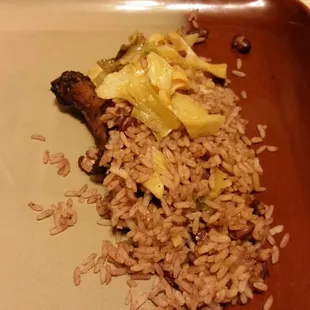 Jerk chicken with rice, peas, cabbage