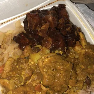 Half curry chicken half oxtail yummy a little salty today though why?