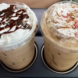 (Left) Large peanut butter mocha latte w almond milk  (Right) Large french toast latte w almond milk
