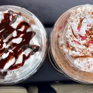 (Left)Large Peanut butter Mocha latte w Almond milk (Right) Large French toast latte w Almond milk