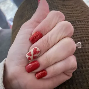 Valentine nails! Red, Red glitter, Nude, and hearts