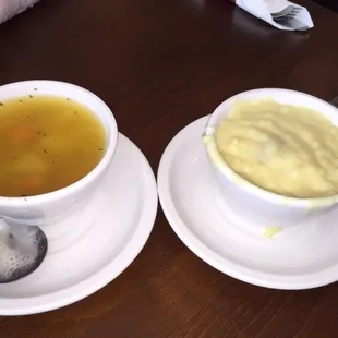 Dutch potato and cream of chicken lemon soups.