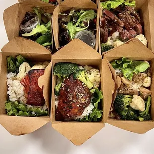 One of each dish from the soft opening;  Hennessey chicken, Australian wagyu steak, cha siu Sea bass, and braised pork with quail eggs.