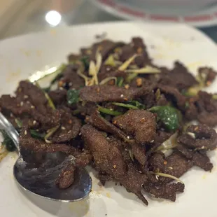 a plate of beef and broccoli