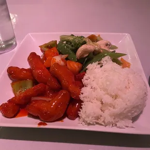 Sweet and Sour Chicken, veggies and rice.