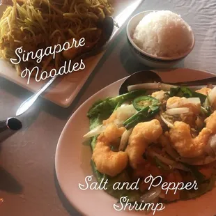 Singapore Noodles Salt and Pepper Shrimp