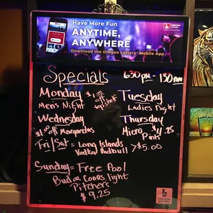 Specials board in the bar. December 2019.