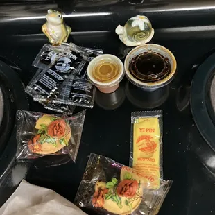 fortune cookies, sauces, and hot mustard (automatically included with meal)