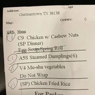 order's packing list