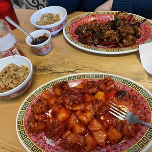 two plates of food on a table