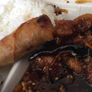 Orange Chicken with White Rice and an Egg Roll