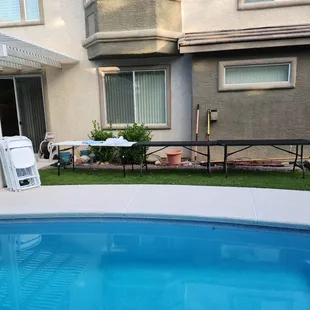 Tables and chairs and tablecloths.