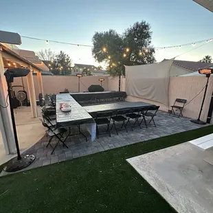 Table, chairs and heaters from Royal