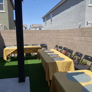 40 black chairs with tables &amp; cloths