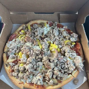 4 topping small pizza (pepperoni, sausage, onion, banana peppers)