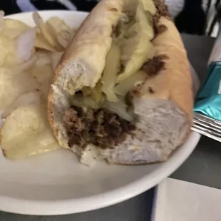 Cheesesteak w/ dusty bag of Herr's Chips