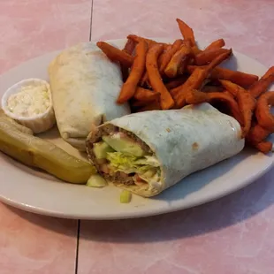 Beef gyro wrap with sweet potato fries