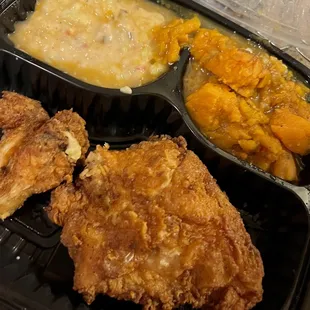 Chicken, potato salad, candied yams