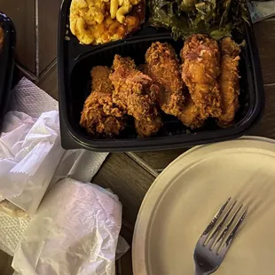 Chicken wings. Mac &amp; Cheese &amp; Greens