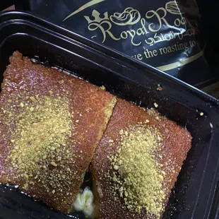 Can't get enough of this Kanafe! A must try! (dessert made from thin, shredded pastry dough layered with a sweet cheese filling)