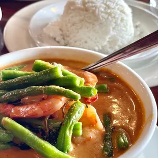 Panang Curry with Shrimp ($16, 8/17/22 Dinner Menu). Ordered w/out bell pepper.